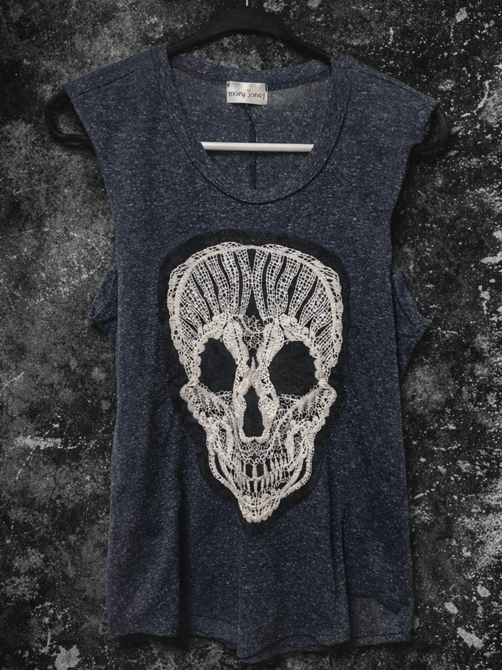 Mary Jane Navy Blue Sleeveless Tank with White Lace Skull